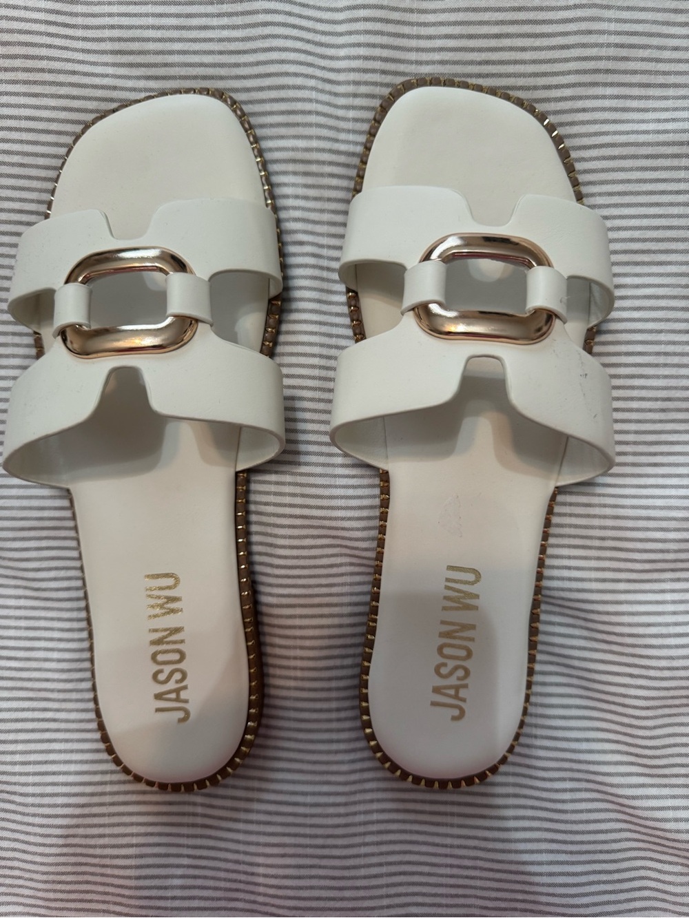 Jason Wu White Slide Sandals with Gold Buckle